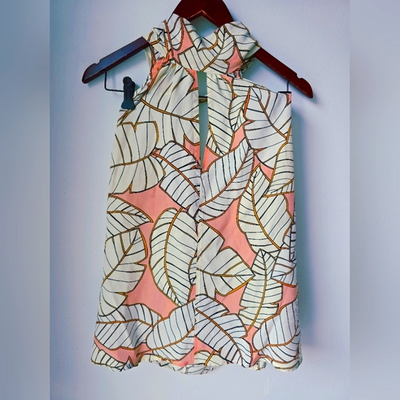 SFIZIO Studio Italy Silk Viscose Leaf Print Halter Top Beige Ivory Tie Size 40 6 - Picture 2 of 10